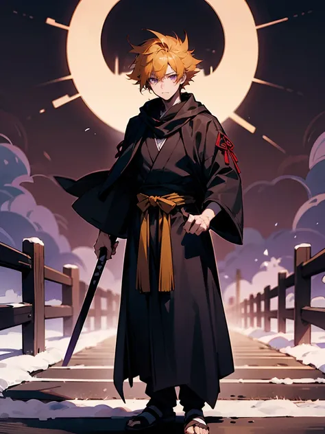 1male ,Adult Male, Spiked Yellow Hair , Messy Hair, Purple Eyes , Purple Scelera , Somber Expression , Black Longsleeve Cloak ,Ninja Clothing, Yukata , Cowl, Red Cloud Patterns on clothing, Standing On Path , Fitted Black Sleeves , Perfect Generation , Det...