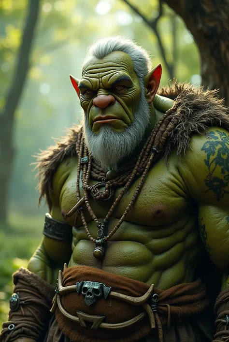 Old orc, male orc,(green skin) , cute ,peaceful expression, dirty clothes, white hair, wrinkles, wool and linen clothes, big body, bone jewelry, skin imperfections, skin dentation, forest background, natural lighting, tribal tattoos, big body, highly detai...