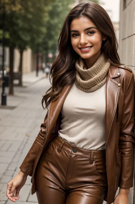 Photorealistic portrait, Armenian woman with cascading brown hair, half-body capture, genuine smile showcases warmth and cheerfulness, skin aglow with sensitivity, face delicately touched by soft make-up and radiant red lipstick, attired in hazelnut tan le...