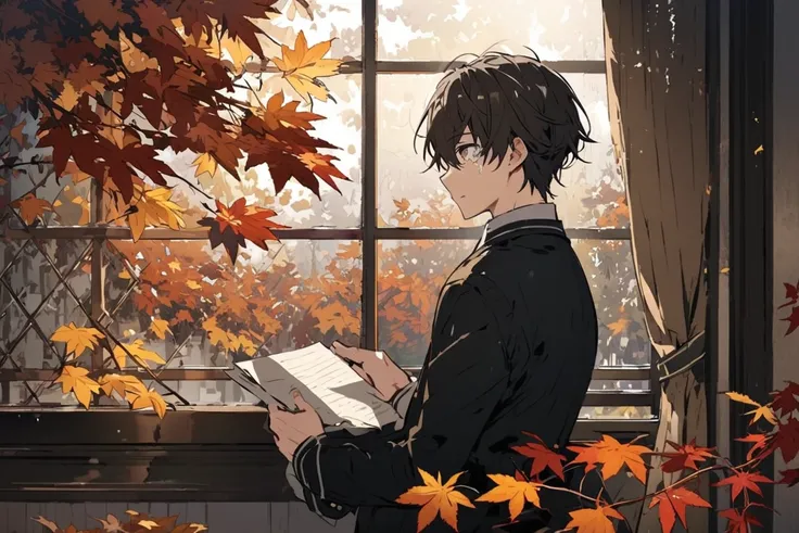  in the room　Autumn leaves can be seen from the window　male　Reading a letter　 Tears in My Eyes 　