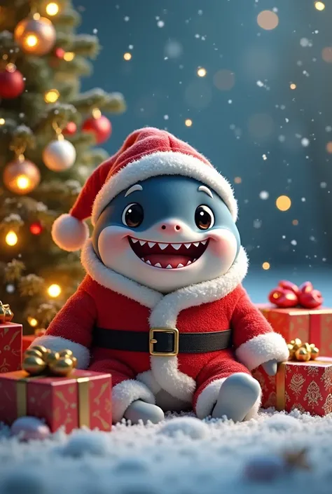 A chubby-cheeked baby shark dressed in a tiny Santa suit, sitting beside a glowing Christmas tree, surrounded by wrapped presents and fluffy snow.