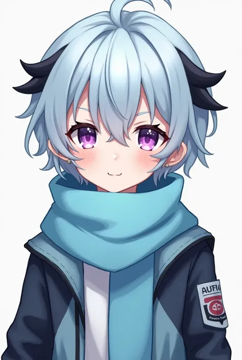 anime boy,  light blue hair with black tufts , purple and pink eyes .   white skin ,  using hearing aids, sky blue scarf,  and light blue and black jacket . 