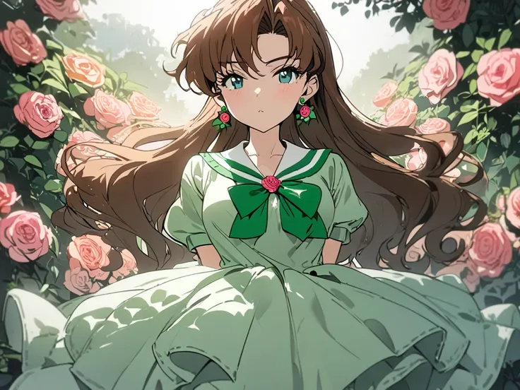 1girl,  sailor Jupiter , solo,  brown hair,  skirt,  slender,  pale green dress,  rose earrings ,  and I can see my whole body, outdoor, Rose Garden , masterpiece,  best quality,  very aesthetic,  ultra high resolution