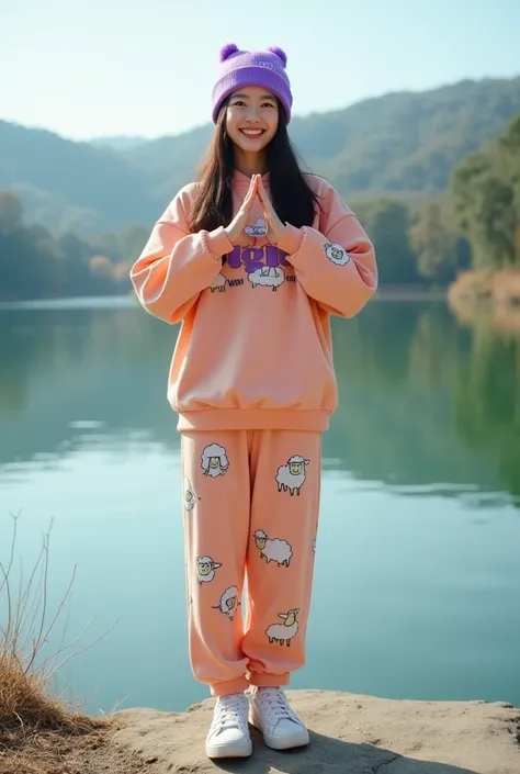 Full body, a young Thai woman, beautiful, clean face, wearing casual Korean style clothes peach with lots of sheep motifs, sports shoes, purple beanie hat with the text "Agil", standing on the edge of the lake with a beautiful natural panorama in the morni...