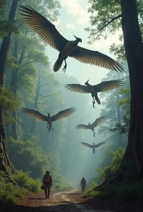 group of flying creatures descended from the sky. a mix between giant pterodactyls, with sharp beaks and deadly claws. Their eyes shone with animal intelligence, and they attacked the camp. and took the human workers with their claws in a forest of large t...