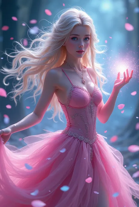  League of Legends　Game pattern　pinkドレスのような衣装　 fantasy hair　　Petals match 　Use magic　pink　 glitter　 light blue twinkling eyes 　 shines in the dark 　Hero Outfit 