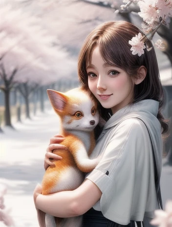 masterpiece、Illustration， best quality，8ｋ、 Very detailed，cute， mascot、Baby kitsune，Being hugged by a girl、In the cherry blossom blizzard