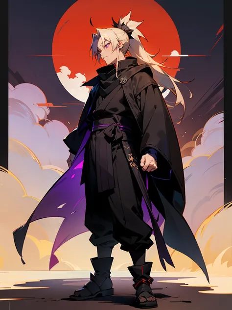 1male ,Female,Adult, Curvy, Spiky Ponytail Yellow Hair , Messy Hair, Purple Eyes , Purple Scelera , Somber Expression , Black Longsleeve Cloak ,Ninja Clothing, Yukata , Cowl, Red Cloud Patterns on clothing, Standing On Path , Fitted Black Sleeves , Perfect...