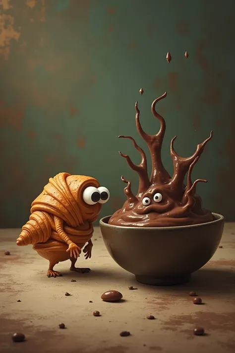 Croissant with small eyes scroll past a nasty-looking chocolate bowl 