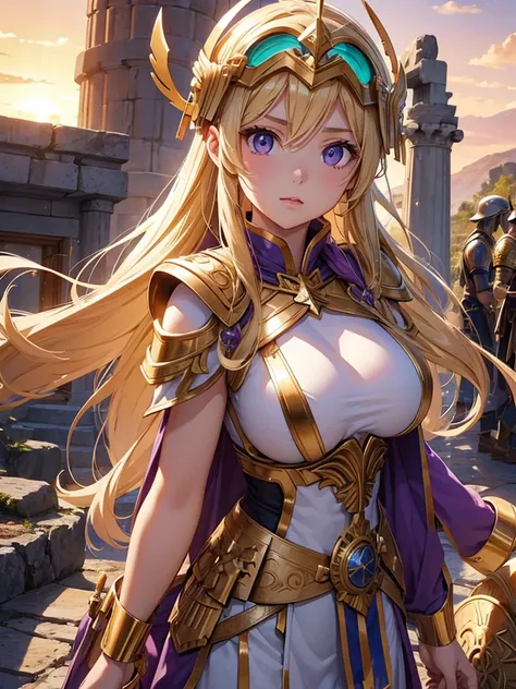 Goddess Athena、War Goddess、 Greek mythology 、Blonde、Green Eyes、Big Eyes、 Big Breasts 、Blonde、 semi-long、Purple Eyes、Ｔback、Naked with only a breastplate、
Holding a battle helmet and watching the sunset