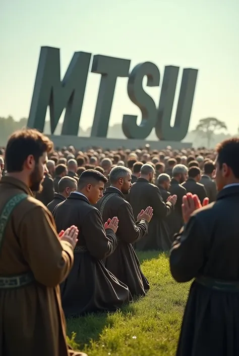 100 religious believers praying while looking at a sign that says MTSU