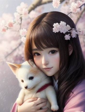 masterpiece、Illustration， best quality，8ｋ、 Very detailed，cute， mascot、Baby kitsune，Being hugged by a girl、In the cherry blossom blizzard