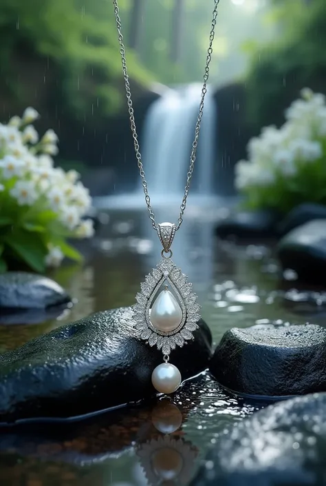 Stylish photography,White and silver pearl pendant necklace ,  with elegant ornament , decorated with beautiful jewels , on black rocks with white flower garden,filled with water grains , set against a clear river and a beautiful waterfall , in the middle ...