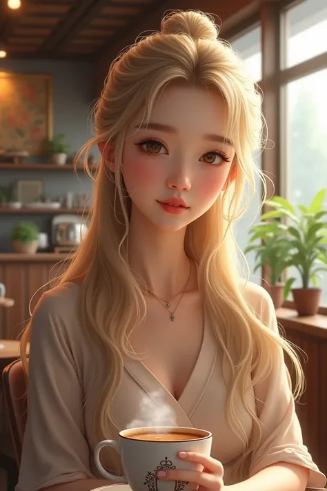 Korean girl with long blonde hair tied up in a cafe