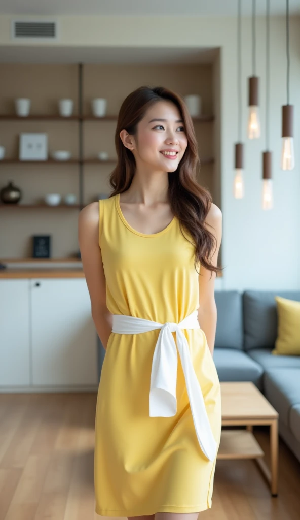 The picture shows a beautiful young South Korean woman standing in a modern living room. She is wearing a yellow sleeveless sports dress and a white sarong tied around her waist. She has long brown hair and is looking to the side with a slight smile. The r...