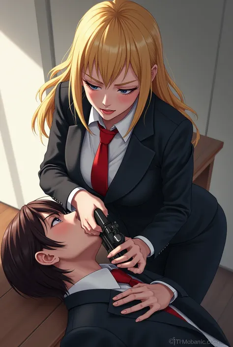 Imagine a sexy blonde female legal technician wearing a white shirt and red tie, a formal black suit, putting her gun in the mouth of another low-ranking female secretary, anime style.!!!!