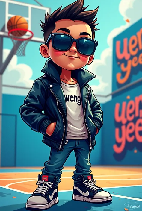 This image is a stylized illustration of a cartoon character, possibly a mascot or avatar.  The character is depicted in a cool, hip-hop style, wearing sunglasses, a leather jacket, and sneakers. The background is basketball covered Court with features a v...