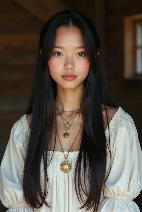 a 16-year-old peasant girl,  half Chinese , Half Russian , From the 16th century ,  in a relaxed pose .  She has soft, pale skin ,  straight, inky-black hair and warm brown eyes .  She is modestly and simply dressed in a white dress.  She has a delicate go...