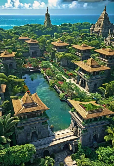 Photo cinematic masterpiece. A sprawling crowded elegant tropical fantasy-medieval on the coast, rainforest in the far horizon.  fortified stone walls and rain-deflecting roofs, tall towers and grand temples visible. The harbor is protected by stone jettie...