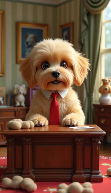 President Pup stands confidently behind a miniature presidential desk in a doggy version of the Oval Office. He wears a tiny red tie and has a comically exaggerated comb-over that resembles Donald Trump’s hairstyle. The walls are adorned with paw prints an...