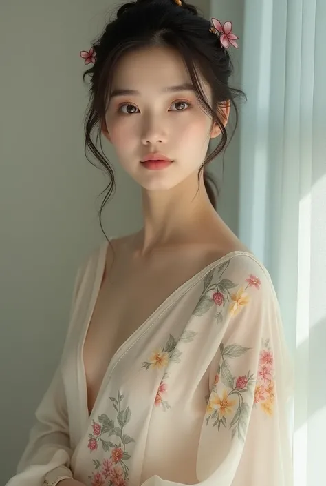 The allure and beauty of a woman wrapped in floral-patterned linen, Chinese actress Xu Qing style,full body poses,NSFW