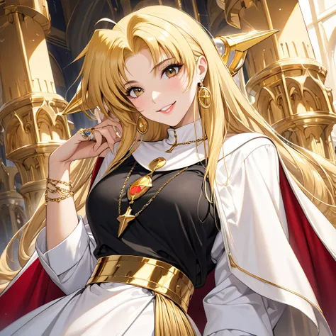 The woman is a happy, beautiful blonde Fate Testarossa, wears Christian nun clothes and is adorned with gorgeous accessories such as earrings and bangles, rings, necklaces, and waist chains、(( best quality)), ((masterpiece)), ( Details), （ perfect face）,Th...