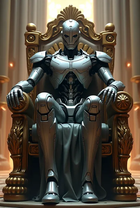 a robot sitting on a throne as if he were looking at me with his right leg stretched out to me