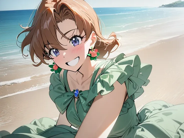 1girl,  sailor Jupiter , solo,  brown hair, smile,  slender, The pale green swimsuit ,  Frills, rose earrings ,  is excited, outdoor, sea, Peach, masterpiece,  best quality,  very aesthetic,  ultra high resolution