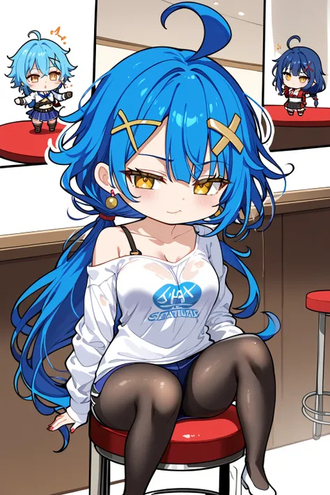   High Quality  、 girl, ( chibi:1.4), Sitting stool
golden eyes ,     blue hair、   shortcuts,     low ponytail 、    Womens Earrings   ,  Ahoge,     Asymmetric Bang  ,   x-shaped hair ornament ,  [[Sleepy eyes、   black tights、whole body、Time to Sleep 、 The ...