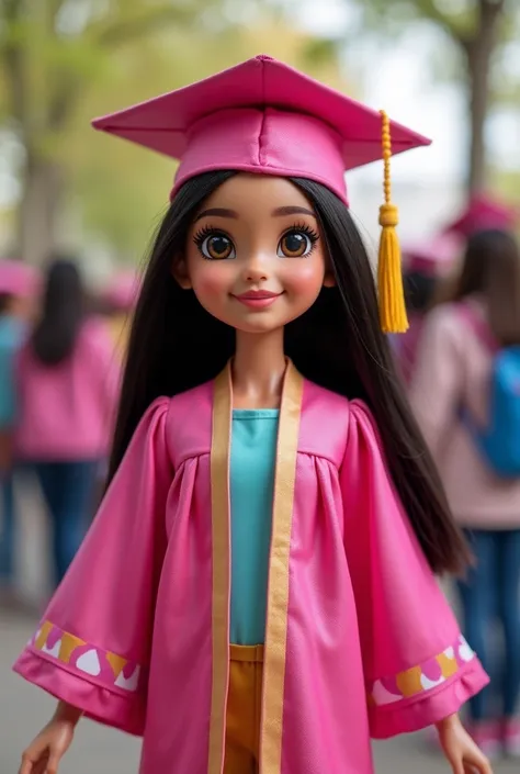 Barbie Latin girl straight black hair at her kindergarten graduation robe and pink cap

