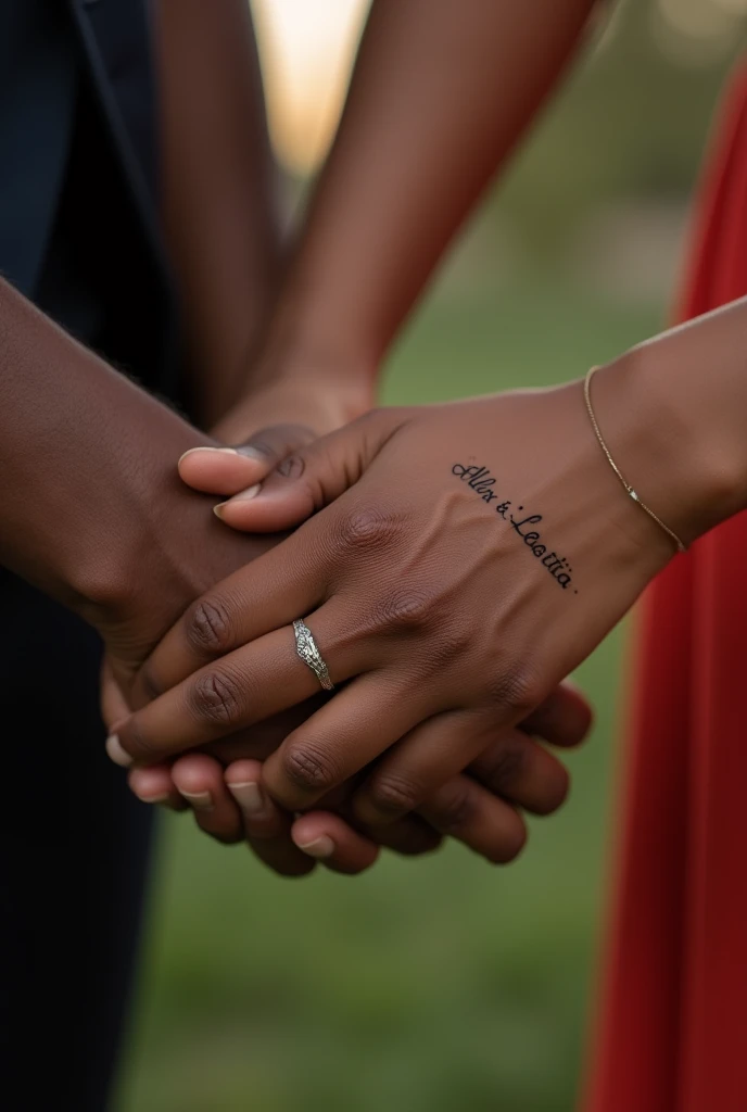 Crée une photo romantique réaliste de deux mains unies dun couple de Noirs avzc ces mots: "Alex & Laetitia: a true love".