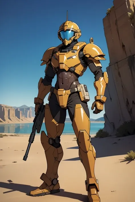 sci-fi, In front of a lake in the desert, battle armor  , vast  battle  suits,  holding assault  rifle,  tactical  helmet,  gauntlet , african  sexy man ,red armor 