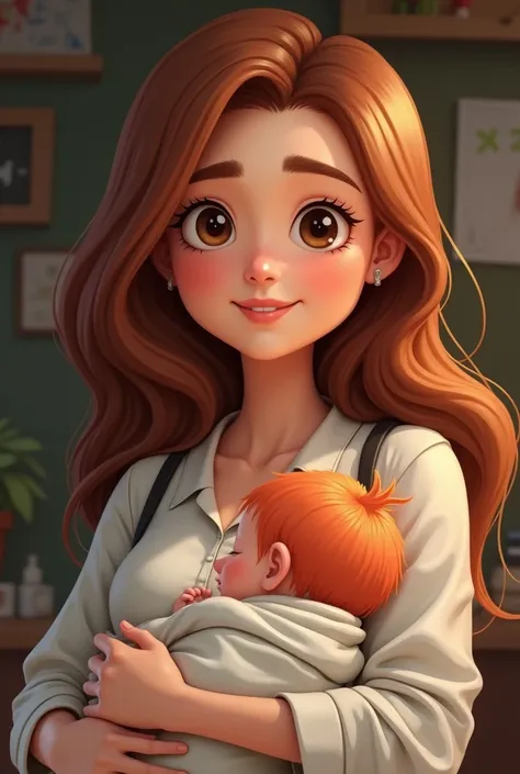 teacher of.  Education with long brown hair,  who just had a red-haired baby a little blond. Her chubbiest face . The smaller eyes  