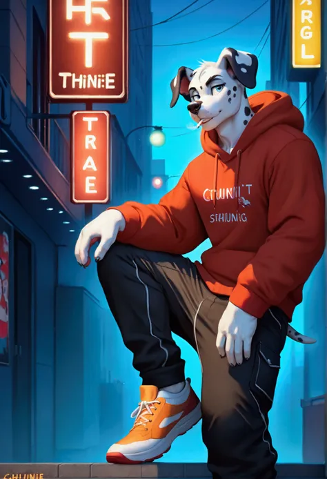 4k, high resolution, best quality, perfect colors, perfect shadows, perfect lighting, posted on e621, furry body, solo, A fashionable anthropomorphic Dalmatian, with light blue eyes, donning an oversized red sweatshirt, black cargo pants, and orange Vans t...