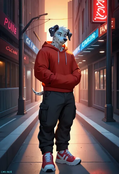 4k, high resolution, best quality, perfect colors, perfect shadows, perfect lighting, posted on e621, furry body, solo, A fashionable anthropomorphic Dalmatian, with light blue eyes, donning an oversized red sweatshirt, black cargo pants, and orange Vans t...