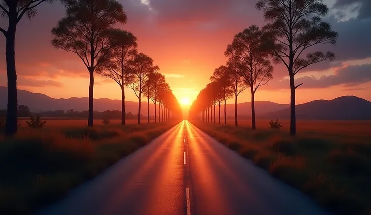 A stunning photograph of a long roadway stretching into the horizon during sunset, vibrant oranges and purples in the sky, the sun dipping below the landscape, silhouette of trees lining the road, beautifully lit, high resolution, cinematic composition, se...