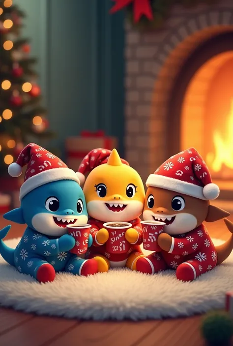 Babies of shark different ethnicities wearing festive holiday pajamas with candy cane and snowflake patterns, sitting on a soft rug by a fireplace and sipping from tiny mugs of cocoa.