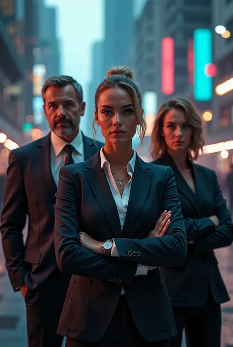 plaintext
a cyberpunk scene, 3 confident and powerful bankers:
- A distinguished man in his 50s, with a charismatic and mature presence, sharp eyes, and a hint of silver in his well-groomed hair, wearing a tailored suit with subtle futuristic elements.
- A...