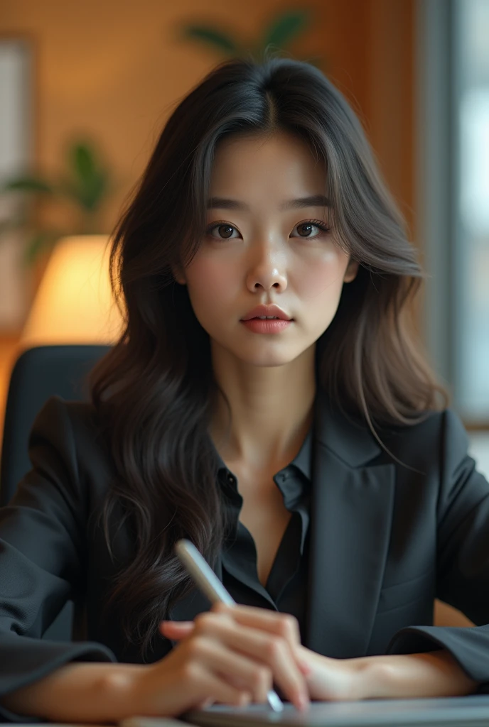 a beautiful young asian woman in office glasses, full body, intricate details, highly detailed face, beautiful eyes, nose, lips, incredible detail, 8k, photorealistic, cinematic lighting, warm color palette, natural lighting, office setting, sitting at des...