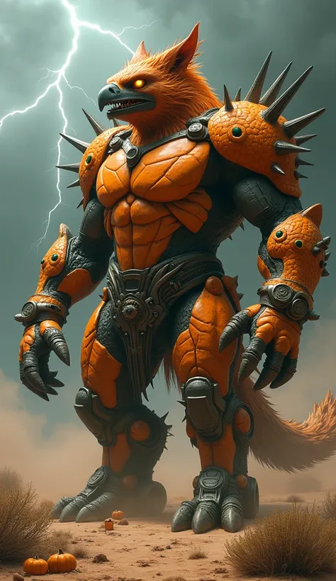 "Building on its jet-powered form, the hybrid now incorporates the robust armor and resilience of a pumpkin. Its entire frame bulges with muscular and armored segments, blending fur, feathers, cactus spikes, and metallic plating with ridged pumpkin texture...