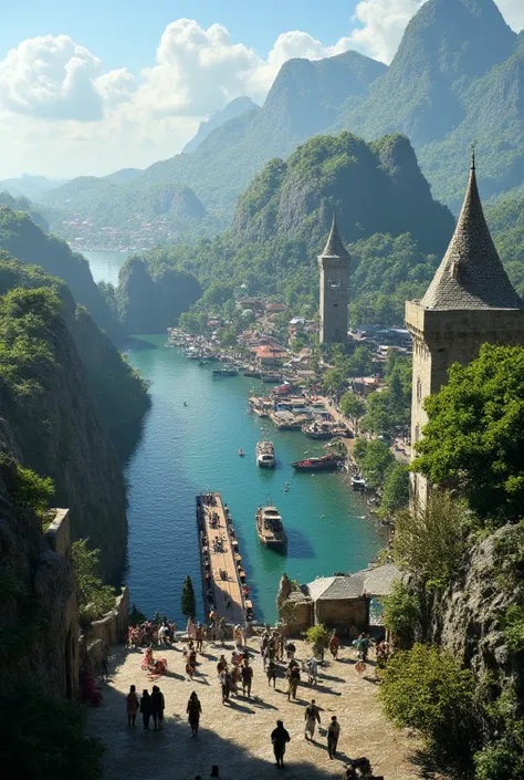 Photo cinematic masterpiece. A chivalrous, elegant, yet tropical fantasy-medieval on the coast, with a rainforest in the far horizon. The city features fortified stone walls and steep, rain-deflecting roofs, with tall towers and grand temples visible. The ...