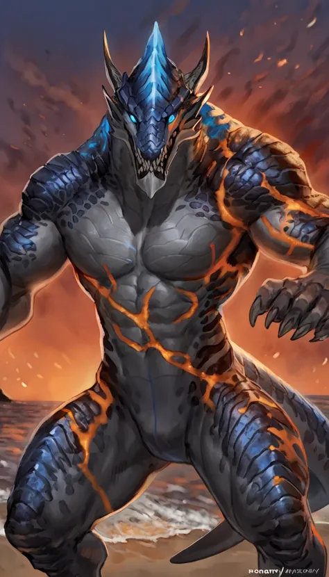 sharkman, gray belly, black and blue hands and fins, black back, solo, big arms, koholasaurus from genshin impact, lizard shark hybrid, anthro, closed mouth, naked, detailed scales, proporcional body, wide chest, wide neck, marked jaw, lava prints on body,...