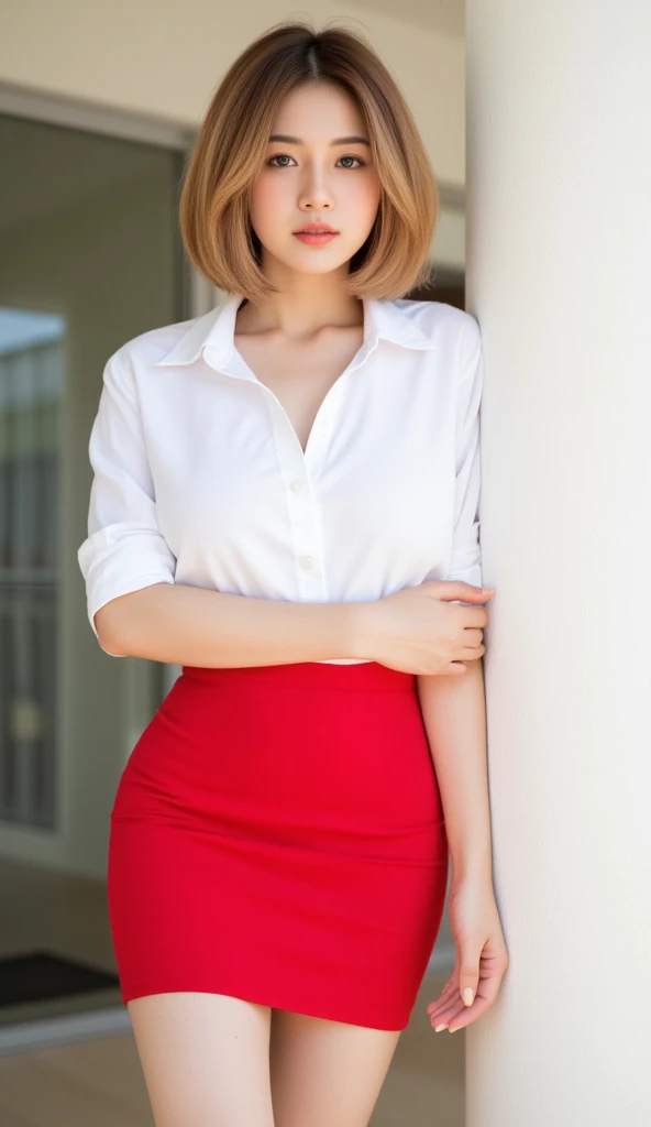 Gorgeous Thai woman. Bob curve in hair style, golden color. Innocent, youthful facial features. natural makeup with coral lipstick.White shirt and mini strapless bra, red. She is dressed in a sleek, high-waisted red skirt that only as short as the hips, mi...