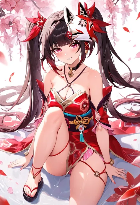 ((best quality, amazing quality, very aesthetic, highres, incredibly absurdres, retouched, smooth lines, excellent color,shiny skin )), sparkle_(honkai:_star_rail)  ,twintails, hair ornament, off shoulder kimono, mask on head, detached sleeves, choker, obi...