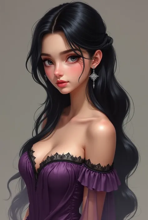 Busty black haired teenager with long black hair put back elegantly.   Shes wearing a long purple dress that goes straight accross her shoulders.   Her shoulders and chest are covered by lace 