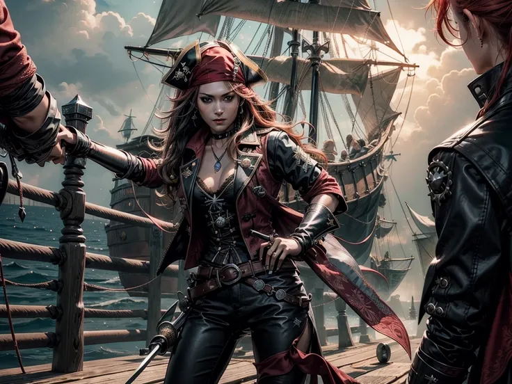 ((((female pirate, (humid, black chrome fencing sword pointed at viewer, red etching, photorealistic)))), pirate hat), leather vest, chrome rivets, laces, open unbuttoned, leather pants, wind, windy, vivid green eyes, short wavy ginger hair, BREAK, backgro...