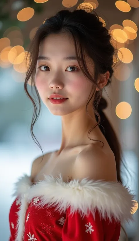 Korean young women with a clear face wearing a Chirtmas santa whirt background beatiful