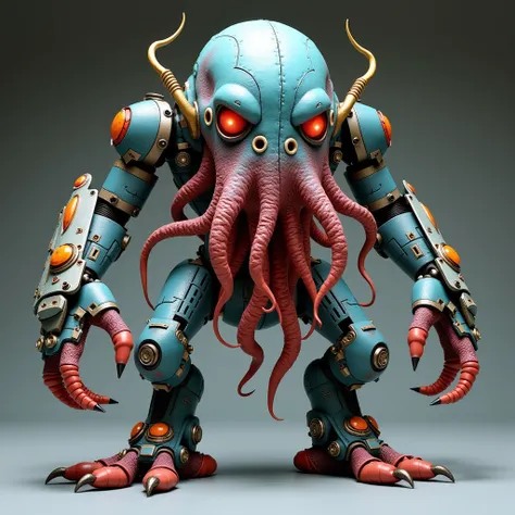 Plastic model, front view, Bullmark-style deformed, monster kit, vivid coloring, Cthulhu cyborg monster plastic model, full body image, various parts look like cyborg machines.

 