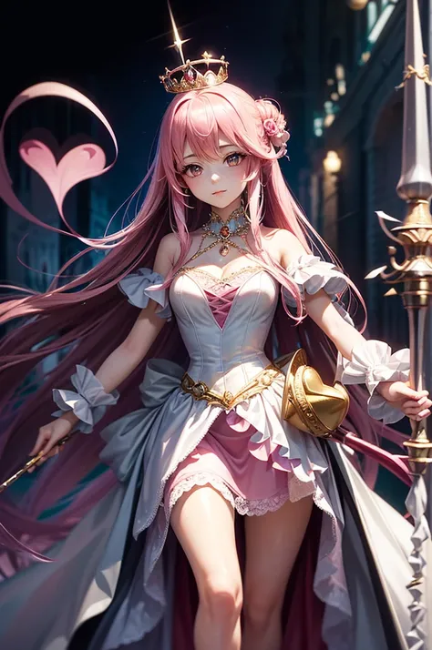 long shot，upper body ，Focus on the main characters overall view，8k， from Alice in Wonderland ，She plays the Red Heart Queen ，Pink heart shape  ，  Playing Cards， Purple red ， Princess of Versailles Dress  ，Cutting，  with an almost fairy-like atmosphere  ，  ...