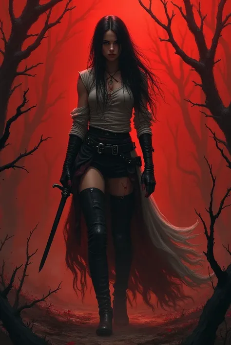 Dark Goethe-style drawing background Dark blood red like red smooth long haired girl with gauze wrapped in blood on her hands Hand holding weapon feet wearing horse boots Battle foreground thorns